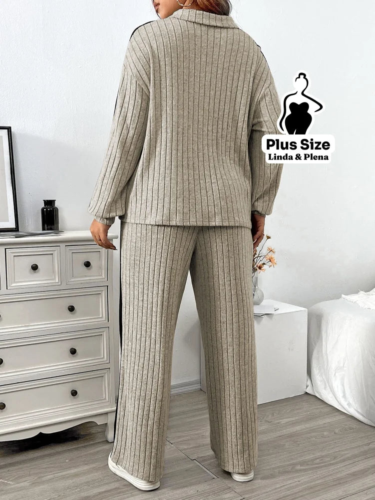 Conjunto Canelado com Zíper e Faixa Lateral Plus Size Conjunto Canelado com Zíper e Faixa Lateral Plus Size