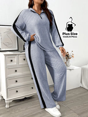 Conjunto Canelado com Zíper e Faixa Lateral Plus Size Cinza Claro / G Conjunto Canelado com Zíper e Faixa Lateral Plus