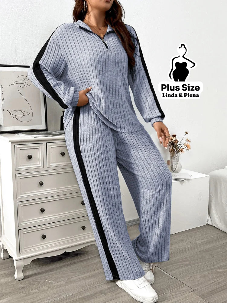 Conjunto Canelado com Zíper e Faixa Lateral Plus Size Cinza Claro / G Conjunto Canelado com Zíper e Faixa Lateral Plus