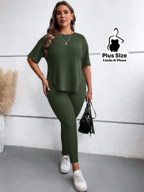 Conjunto Canelado Manga Curta com Legging Plus Size Conjunto Canelado Manga Curta com Legging Plus Size