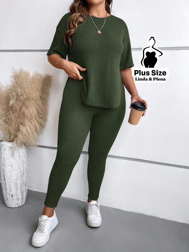 Conjunto Canelado Manga Curta com Legging Plus Size Verde Militar / G Conjunto Canelado Manga Curta com Legging Plus