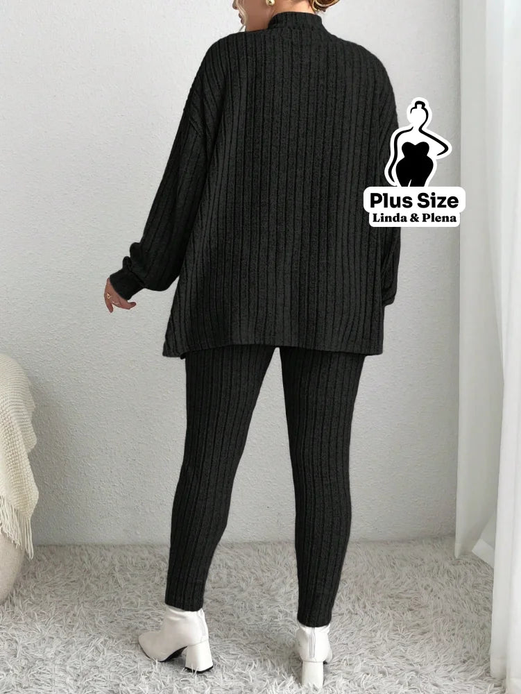 Conjunto Canelado Ombro Vazado Com Calça Justa Plus Size Conjunto Canelado Ombro Vazado Com Calça Justa Plus Size
