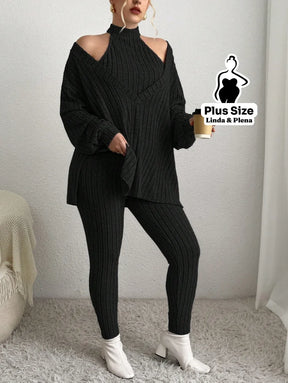 Conjunto Canelado Ombro Vazado Com Calça Justa Plus Size Preto / G Conjunto Canelado Ombro Vazado Com Calça Justa Plus