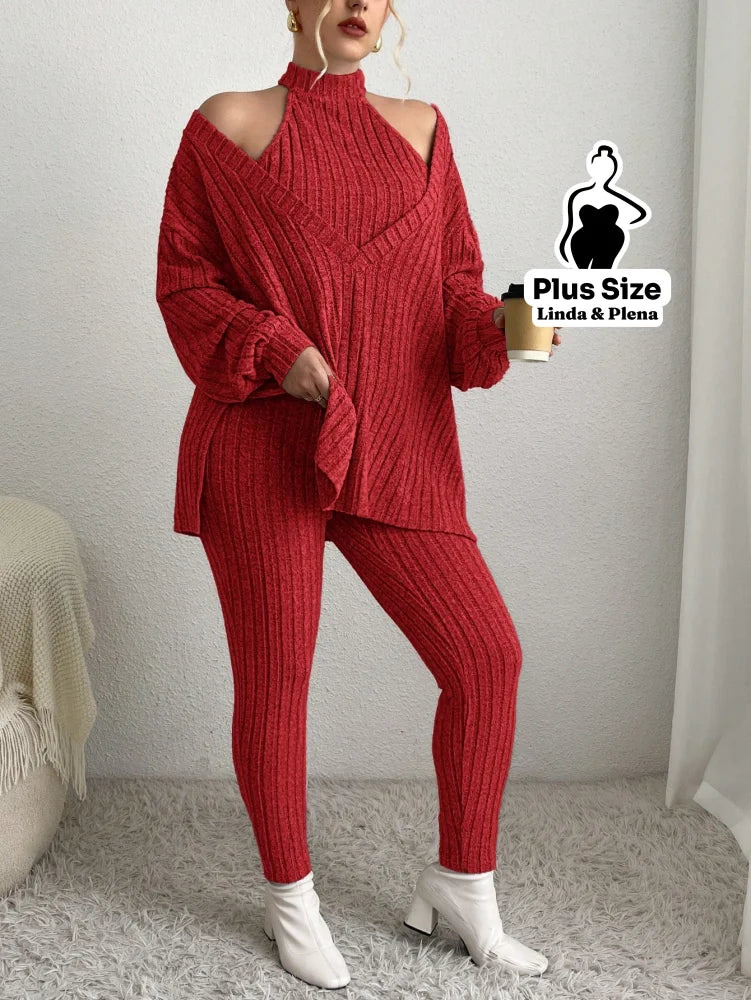 Conjunto Canelado Ombro Vazado Com Calça Justa Plus Size Vermelho / G Conjunto Canelado Ombro Vazado Com Calça Justa