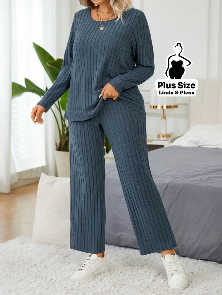 Conjunto Canelado Térmico Com Manga Longa Plus Size Azul Empoeirado / G Conjunto Canelado Térmico Com Manga Longa Plus