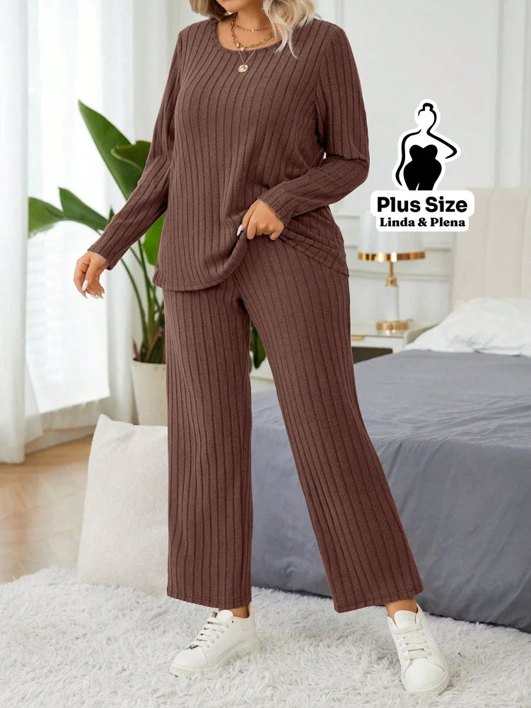 Conjunto Canelado Térmico Com Manga Longa Plus Size Café / G Conjunto Canelado Térmico Com Manga Longa Plus Size