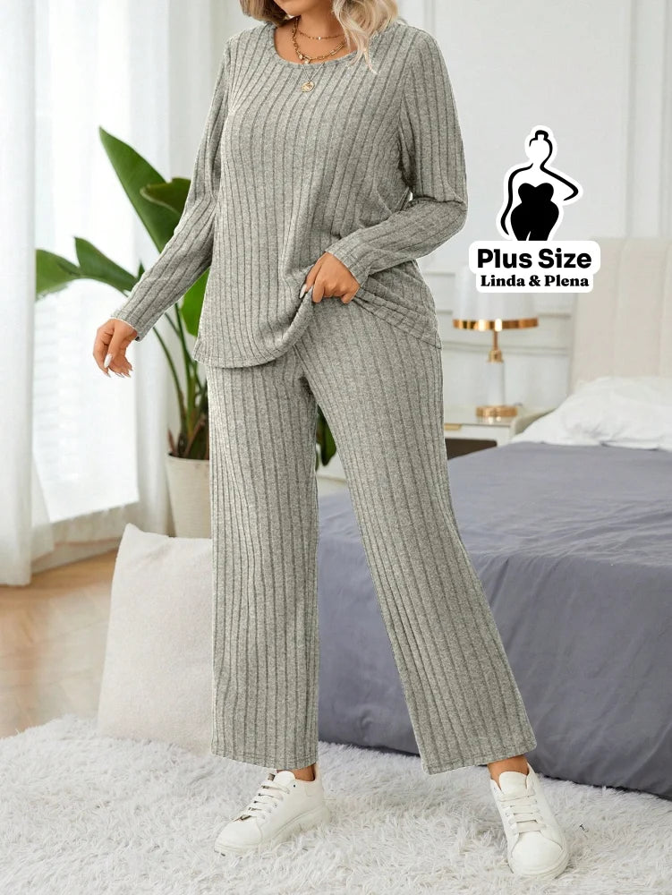 Conjunto Canelado Térmico Com Manga Longa Plus Size Damasco / G Conjunto Canelado Térmico Com Manga Longa Plus Size