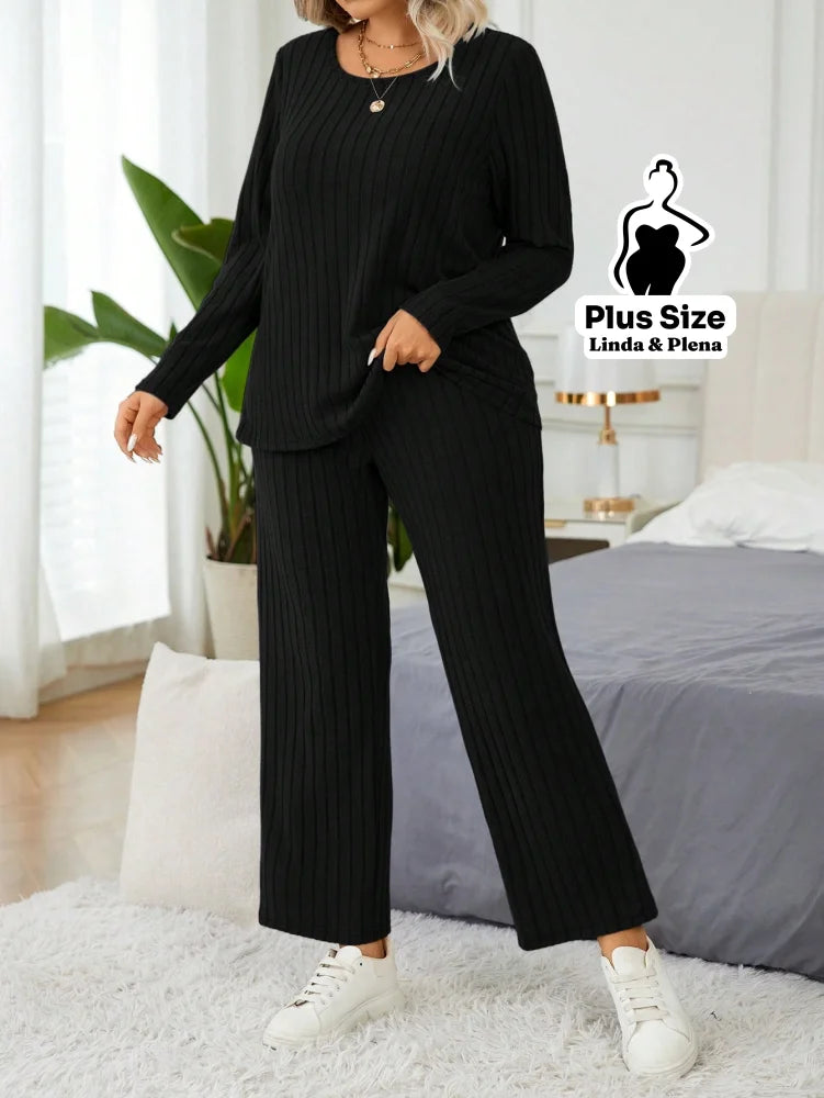 Conjunto Canelado Térmico Com Manga Longa Plus Size Preto / G Conjunto Canelado Térmico Com Manga Longa Plus Size
