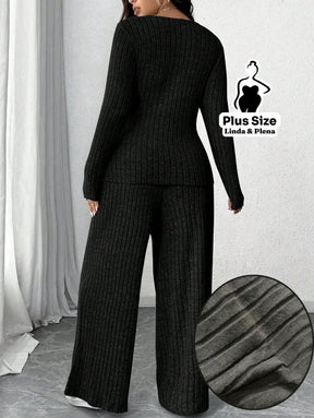 Conjunto Canelado Transpassado Com Decote V Plus Size Conjunto Canelado Transpassado Com Decote V Plus Size