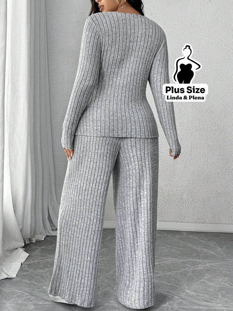 Conjunto Canelado Transpassado Com Decote V Plus Size Conjunto Canelado Transpassado Com Decote V Plus Size