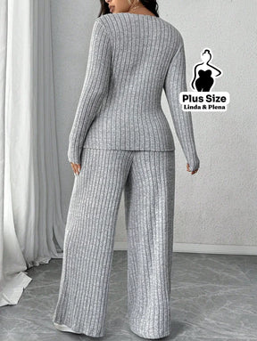 Conjunto Canelado Transpassado Com Decote V Plus Size Conjunto Canelado Transpassado Com Decote V Plus Size