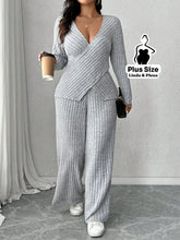 Conjunto Canelado Transpassado Com Decote V Plus Size Cinza / G Conjunto Canelado Transpassado Com Decote V Plus Size