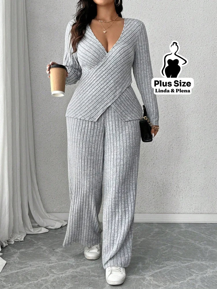 Conjunto Canelado Transpassado Com Decote V Plus Size Cinza / G Conjunto Canelado Transpassado Com Decote V Plus Size