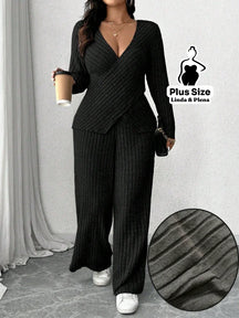 Conjunto Canelado Transpassado Com Decote V Plus Size Preto / G Conjunto Canelado Transpassado Com Decote V Plus Size