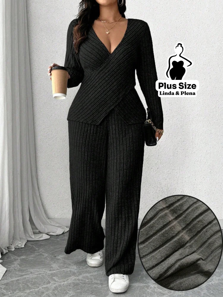 Conjunto Canelado Transpassado Com Decote V Plus Size Preto / G Conjunto Canelado Transpassado Com Decote V Plus Size