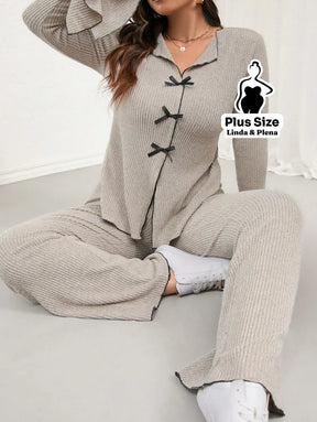 Conjunto Cardigan Manga Longa Com Calça Pantalona Plus Size Conjunto Cardigan Manga Longa Com Calça Pantalona Plus Size