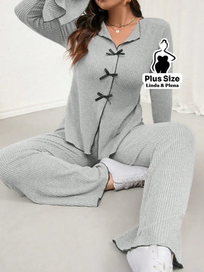 Conjunto Cardigan Manga Longa Com Calça Pantalona Plus Size Conjunto Cardigan Manga Longa Com Calça Pantalona Plus Size