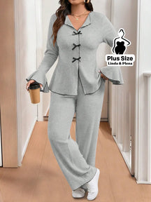 Conjunto Cardigan Manga Longa Com Calça Pantalona Plus Size Cinza Claro / G Conjunto Cardigan Manga Longa Com Calça
