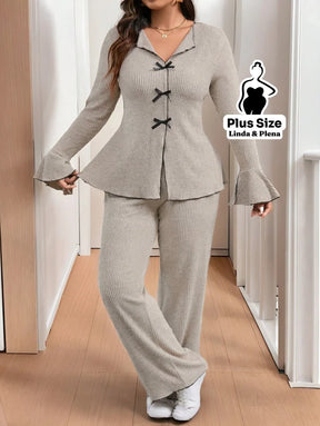 Conjunto Cardigan Manga Longa Com Calça Pantalona Plus Size Damasco / G Conjunto Cardigan Manga Longa Com Calça
