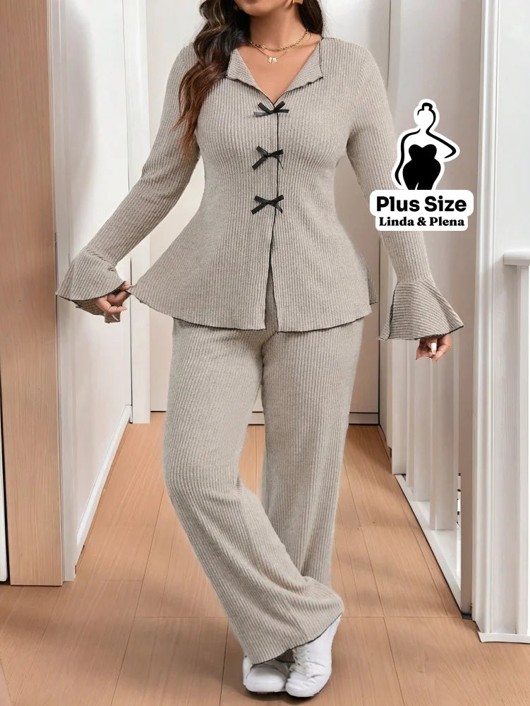 Conjunto Cardigan Manga Longa Com Calça Pantalona Plus Size Damasco / G Conjunto Cardigan Manga Longa Com Calça