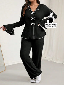 Conjunto Cardigan Manga Longa Com Calça Pantalona Plus Size Preto / G Conjunto Cardigan Manga Longa Com Calça Pantalona