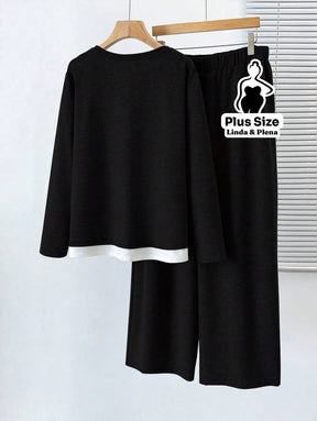 Conjunto Casual com Blusa Dupla Camada e Calça Plus Size Conjunto Casual com Blusa Dupla Camada e Calça Plus Size
