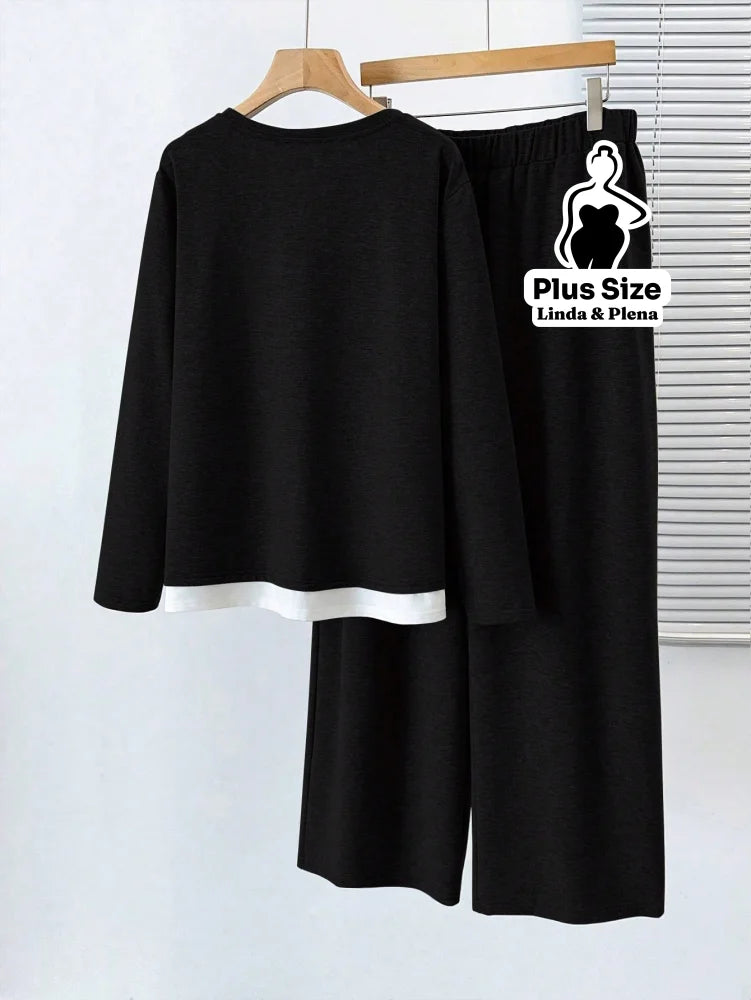 Conjunto Casual com Blusa Dupla Camada e Calça Plus Size Conjunto Casual com Blusa Dupla Camada e Calça Plus Size