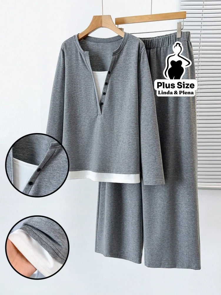 Conjunto Casual com Blusa Dupla Camada e Calça Plus Size Chumbo / G Conjunto Casual com Blusa Dupla Camada e Calça Plus