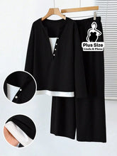 Conjunto Casual com Blusa Dupla Camada e Calça Plus Size Preto / G Conjunto Casual com Blusa Dupla Camada e Calça Plus