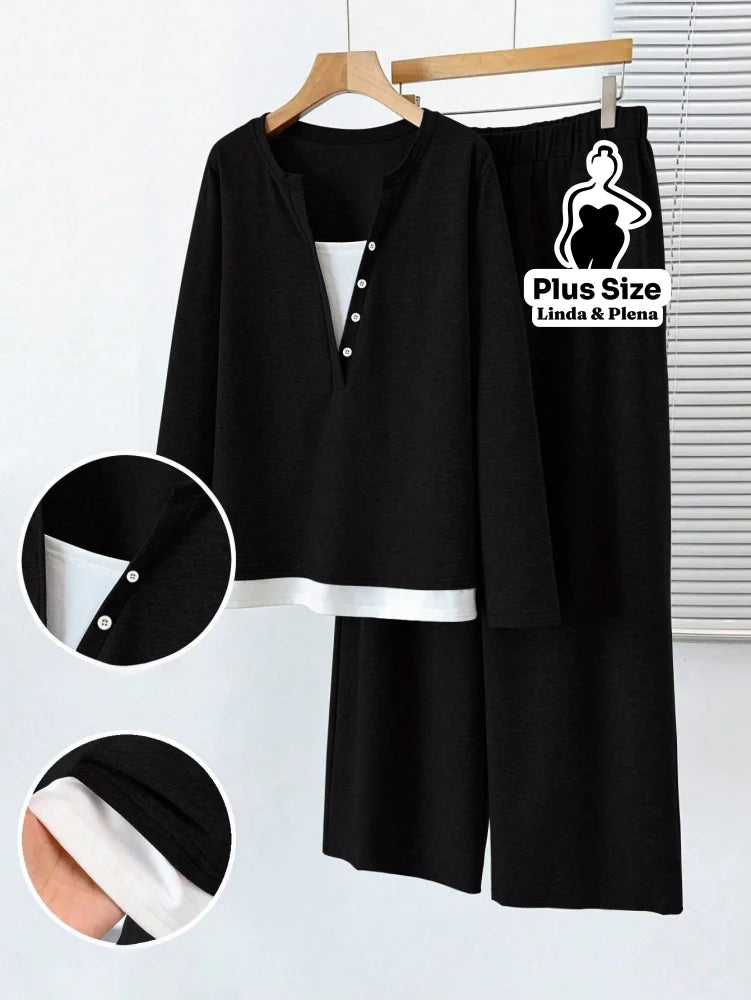 Conjunto Casual com Blusa Dupla Camada e Calça Plus Size Preto / G Conjunto Casual com Blusa Dupla Camada e Calça Plus