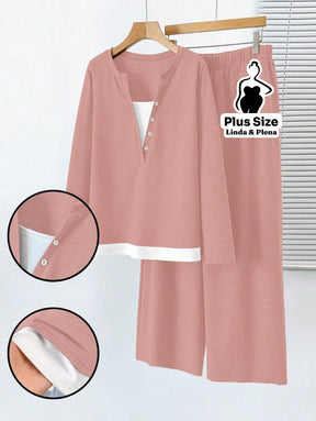 Conjunto Casual com Blusa Dupla Camada e Calça Plus Size Rosa Empoeirado / G Conjunto Casual com Blusa Dupla Camada e
