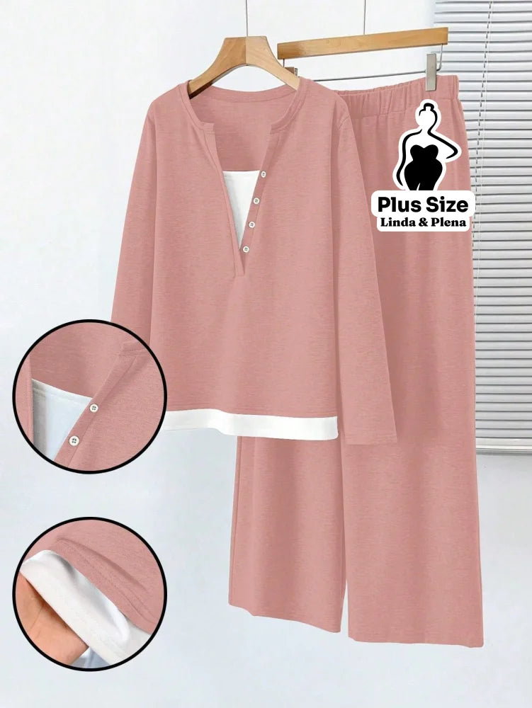Conjunto Casual com Blusa Dupla Camada e Calça Plus Size Rosa Empoeirado / G Conjunto Casual com Blusa Dupla Camada e