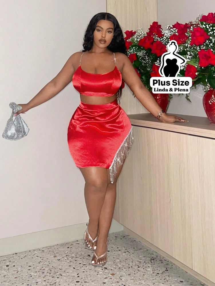 Conjunto Cetim Cropped Com Saia Curta Detalhe Franjas Plus Size Conjunto Cetim Cropped Com Saia Curta Detalhe Franjas