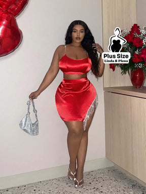 Conjunto Cetim Cropped Com Saia Curta Detalhe Franjas Plus Size G Conjunto Cetim Cropped Com Saia Curta Detalhe Franjas