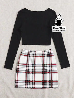 Conjunto Ciganinha Canelada E Saia Xadrez Curta Plus Size Conjunto Ciganinha Canelada E Saia Xadrez Curta Plus Size