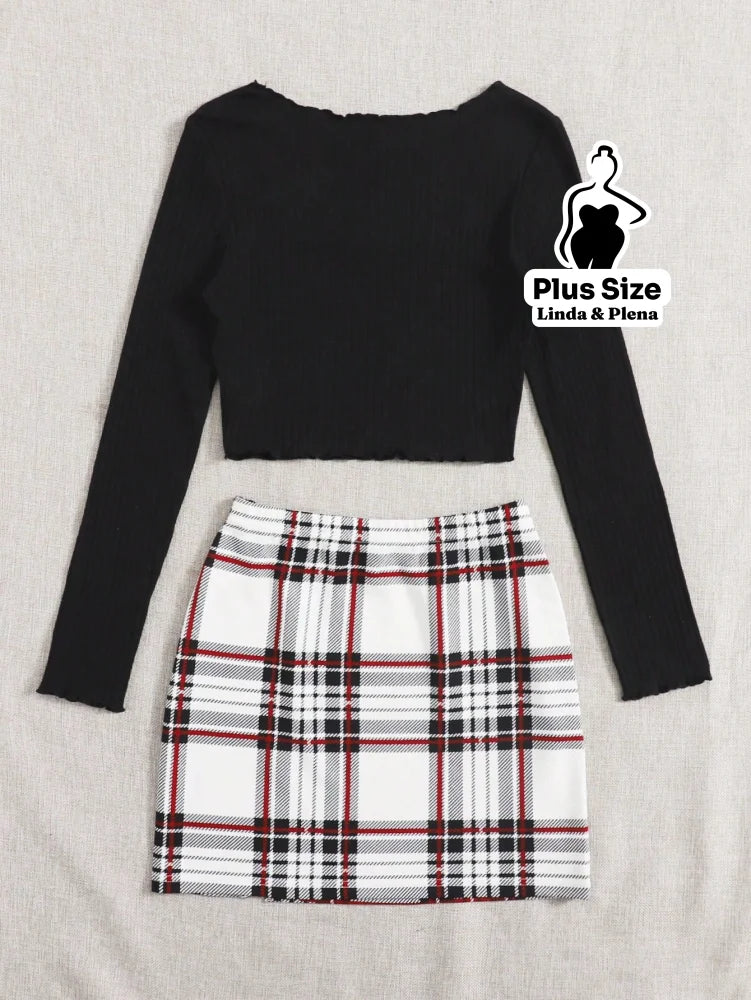 Conjunto Ciganinha Canelada E Saia Xadrez Curta Plus Size Conjunto Ciganinha Canelada E Saia Xadrez Curta Plus Size