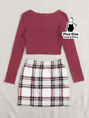 Conjunto Ciganinha Canelada E Saia Xadrez Curta Plus Size Conjunto Ciganinha Canelada E Saia Xadrez Curta Plus Size