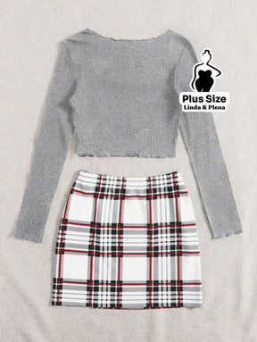 Conjunto Ciganinha Canelada E Saia Xadrez Curta Plus Size Conjunto Ciganinha Canelada E Saia Xadrez Curta Plus Size