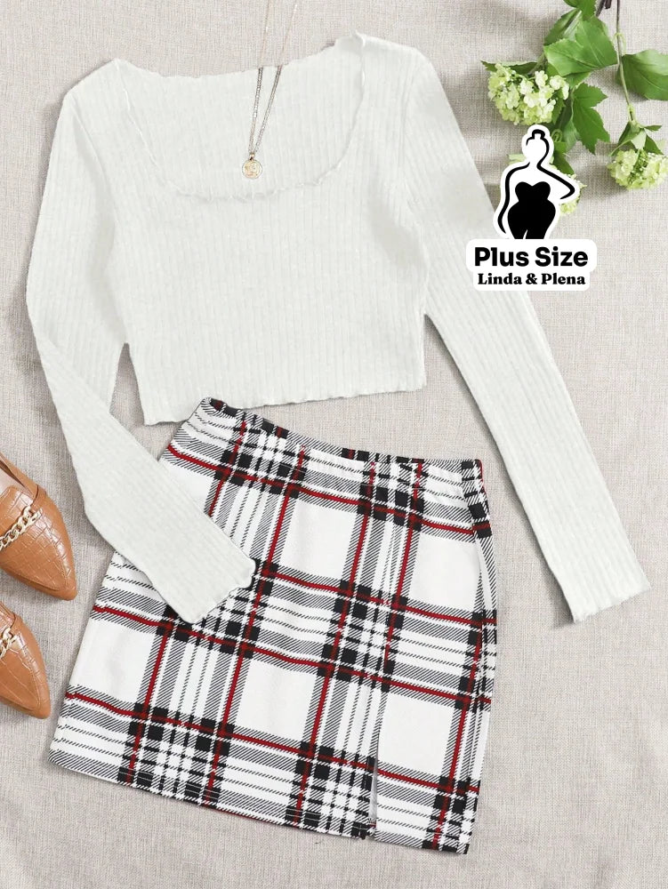 Conjunto Ciganinha Canelada E Saia Xadrez Curta Plus Size Branco / G Conjunto Ciganinha Canelada E Saia Xadrez Curta