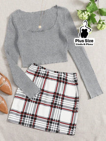 Conjunto Ciganinha Canelada E Saia Xadrez Curta Plus Size Cinza / G Conjunto Ciganinha Canelada E Saia Xadrez Curta