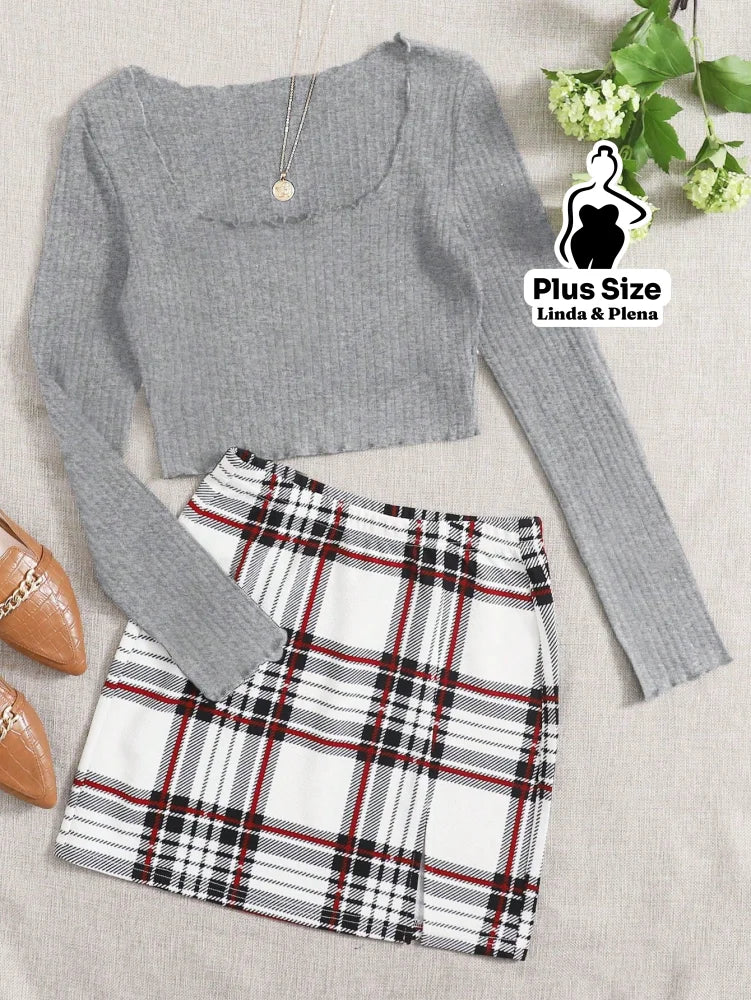 Conjunto Ciganinha Canelada E Saia Xadrez Curta Plus Size Cinza / G Conjunto Ciganinha Canelada E Saia Xadrez Curta