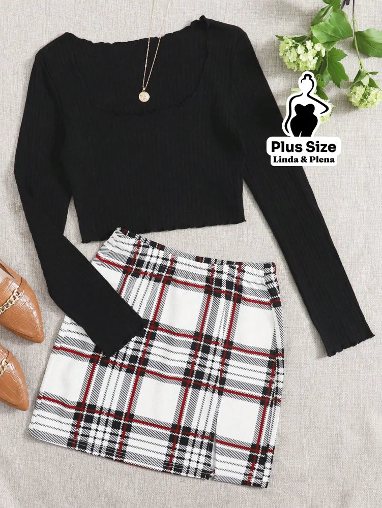 Conjunto Ciganinha Canelada E Saia Xadrez Curta Plus Size Preto / G Conjunto Ciganinha Canelada E Saia Xadrez Curta