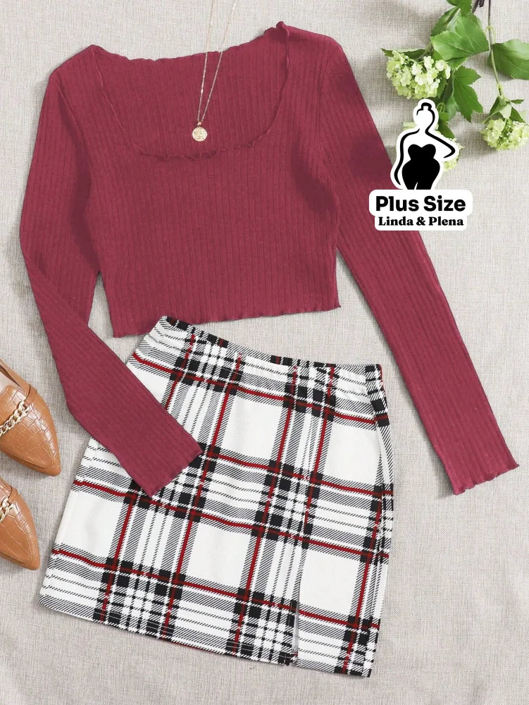 Conjunto Ciganinha Canelada E Saia Xadrez Curta Plus Size Vinho / G Conjunto Ciganinha Canelada E Saia Xadrez Curta