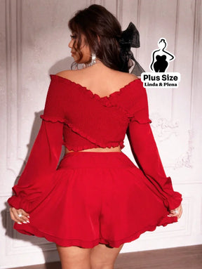Conjunto Ciganinha Com Manga Longa E Short Rodado Plus Size Conjunto Ciganinha Com Manga Longa E Short Rodado Plus Size
