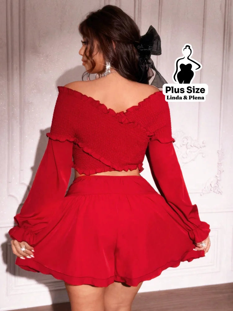 Conjunto Ciganinha Com Manga Longa E Short Rodado Plus Size Conjunto Ciganinha Com Manga Longa E Short Rodado Plus Size