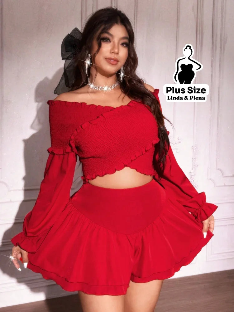 Conjunto Ciganinha Com Manga Longa E Short Rodado Plus Size G Conjunto Ciganinha Com Manga Longa E Short Rodado Plus