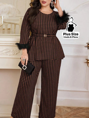 Conjunto Clássico Com Cinto E Manga Com Penas Plus Size Café / G Conjunto Clássico Com Cinto E Manga Com Penas Plus Size