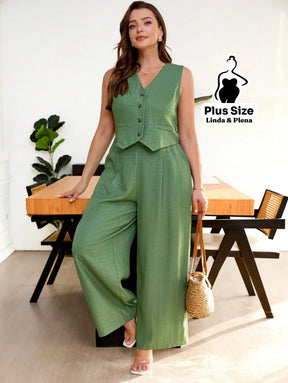 Conjunto Colete Com Botões E Calça Pantalona Plus Size Conjunto Colete Com Botões E Calça Pantalona Plus Size
