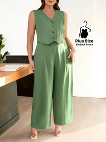 Conjunto Colete Com Botões E Calça Pantalona Plus Size Verde / G Conjunto Colete Com Botões E Calça Pantalona Plus Size