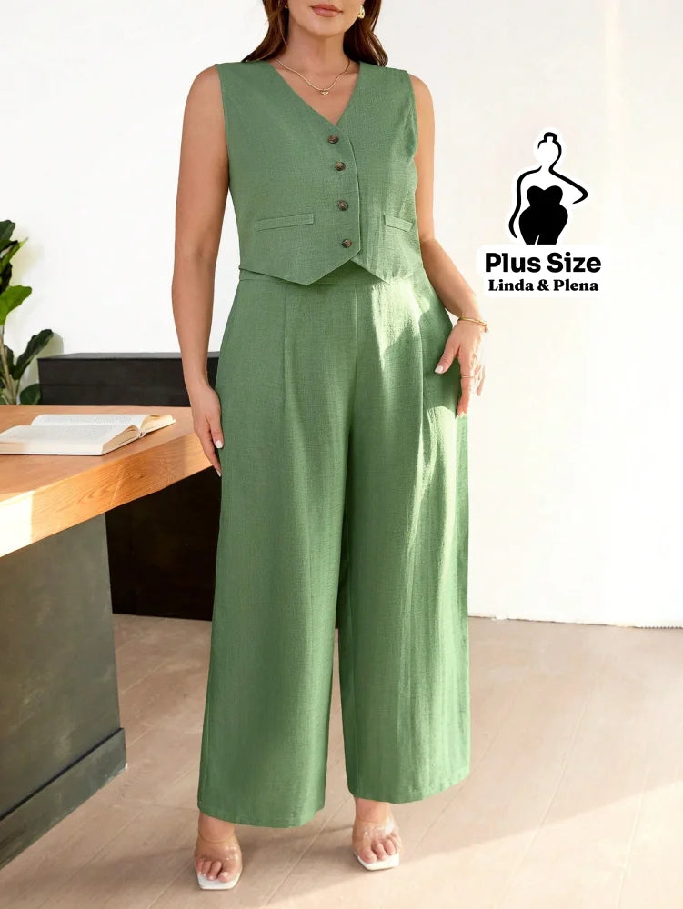 Conjunto Colete Com Botões E Calça Pantalona Plus Size Verde / G Conjunto Colete Com Botões E Calça Pantalona Plus Size